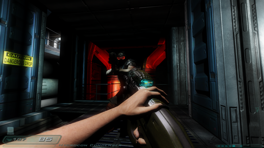 An screenshot of a first person shooter: Doom 3.